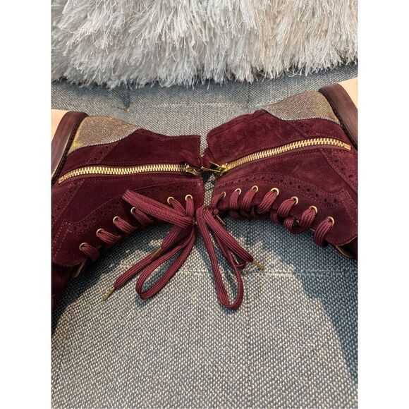 The Office of Angela Scott Mr Harrison maroon metallic suede bootie 37.5/7.5 wit - Picture 6 of 12